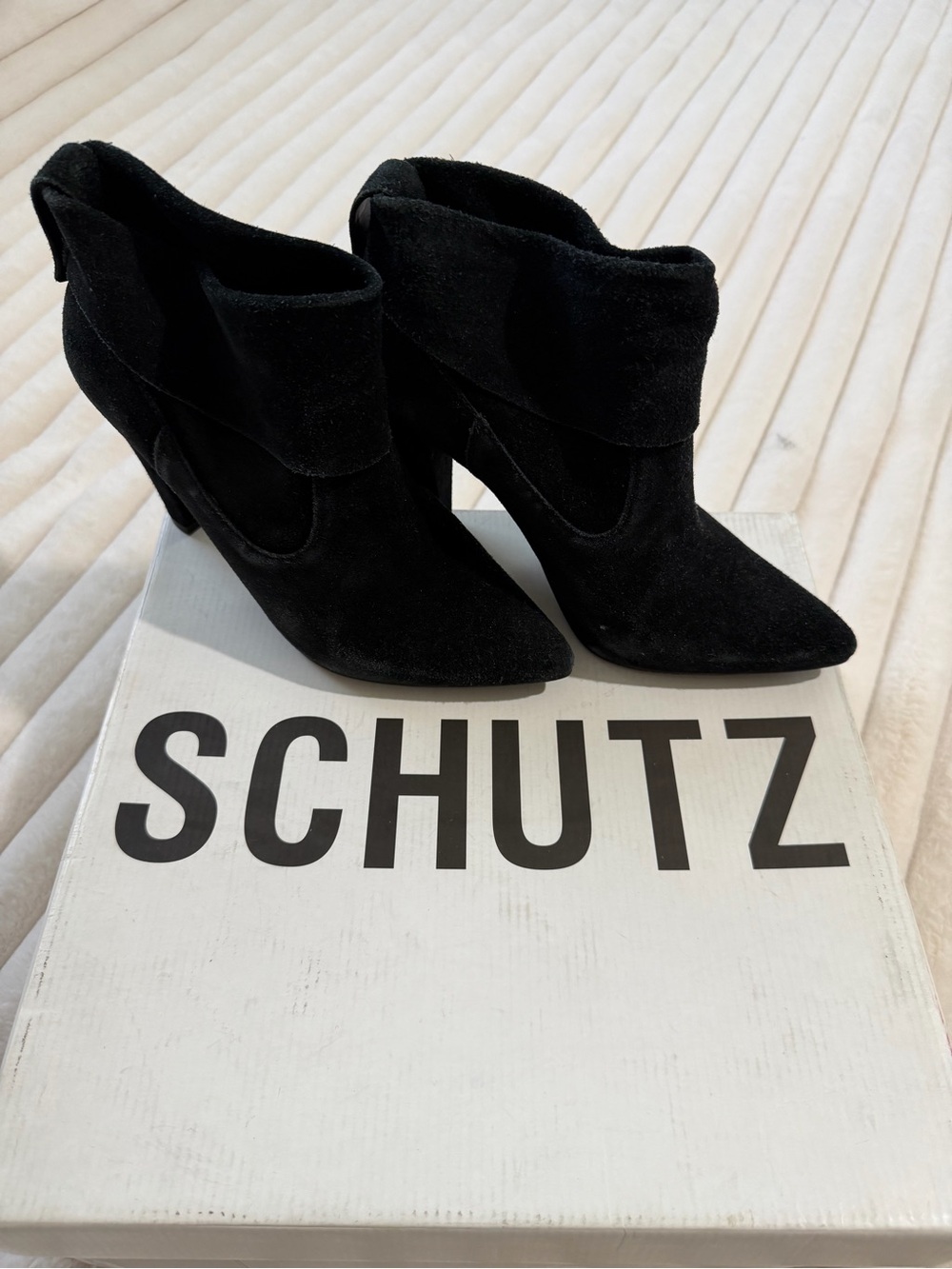 SCHUTZ Black Suede Pointed Fold-Over Ankle Booties
